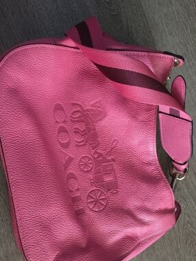 Coach Hot Pink Pebbled Leather Shoulder Bag with Striped Strap